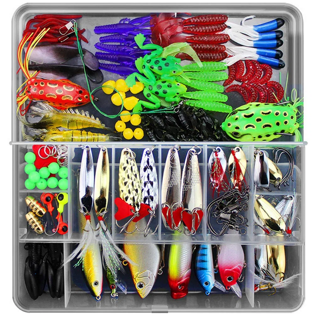 Leurres de pêche Kit, Fishing Lures kit de Peche,Plastique vers,Minnow,Popper,2 Leurres Grenouille,141pcs artificielles pêche leurre Kit d'appâts de Pêche Portable avec Boîte