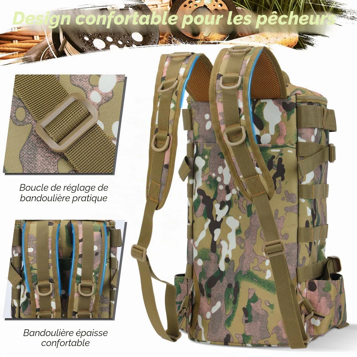 Sac à dos imperméable pour Matériel de pêche, Sac à bandoulière militaire et randonnée