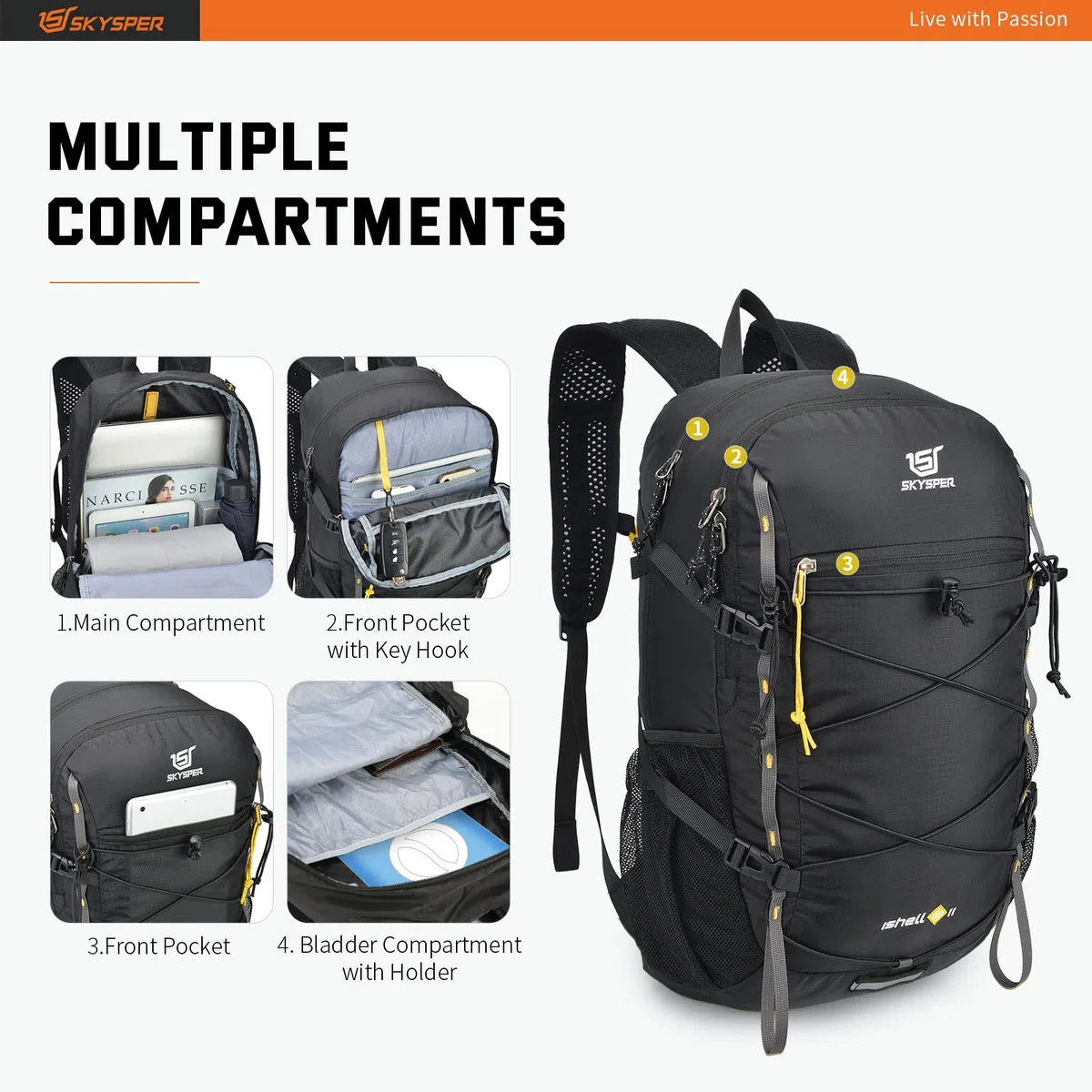 SKYSPER Sac à Dos 30L pour Femme et Homme Ultra Léger Sac à Dos de Randonnée Camping Résistant Sac à Dos Loisir Unisexe Sac à Dos Voyage Sports de Plein Air