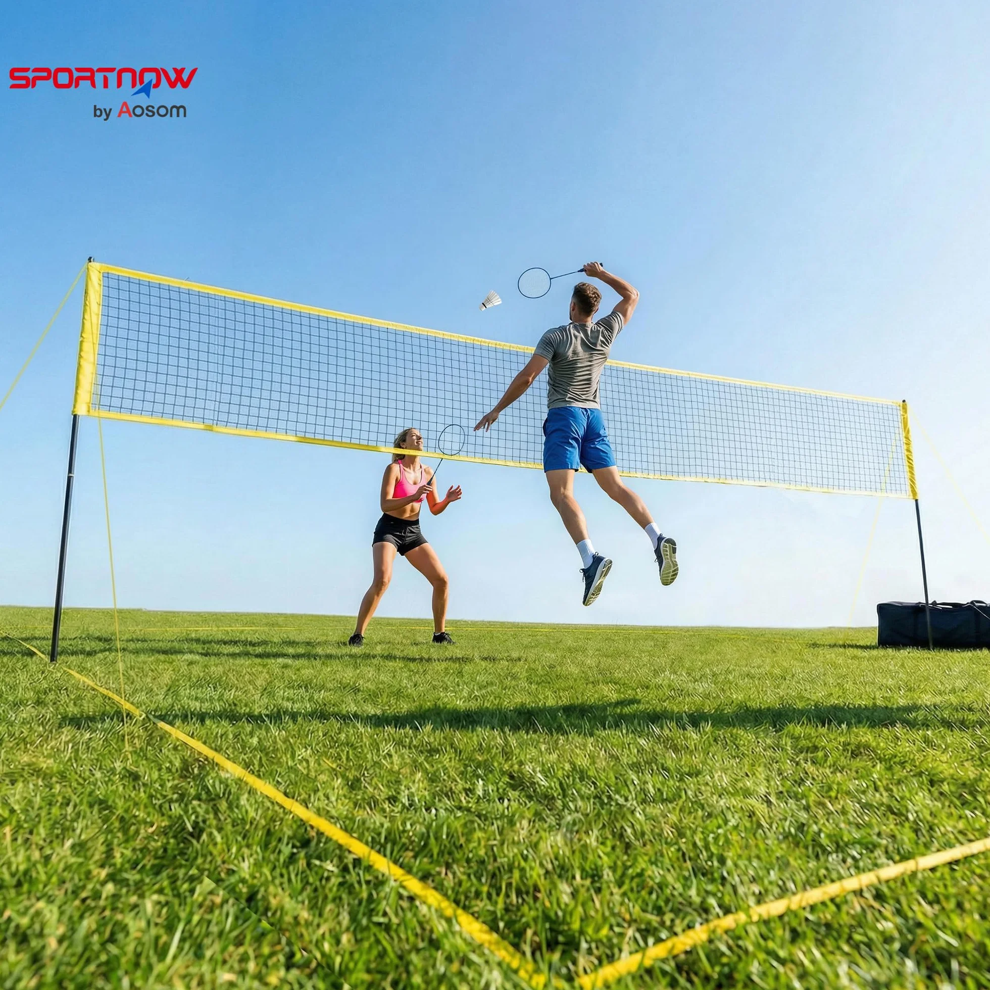 SPORTNOW Ensemble de Volley-Ball et Badminton, Poteaux en Acier Hauteur Réglable, Ballon de Volley-Ball, Filet Badminton Portable, 4 Raquettes, 4 Volants, Sac de Transport, pour Pelouse Plage Jardin
