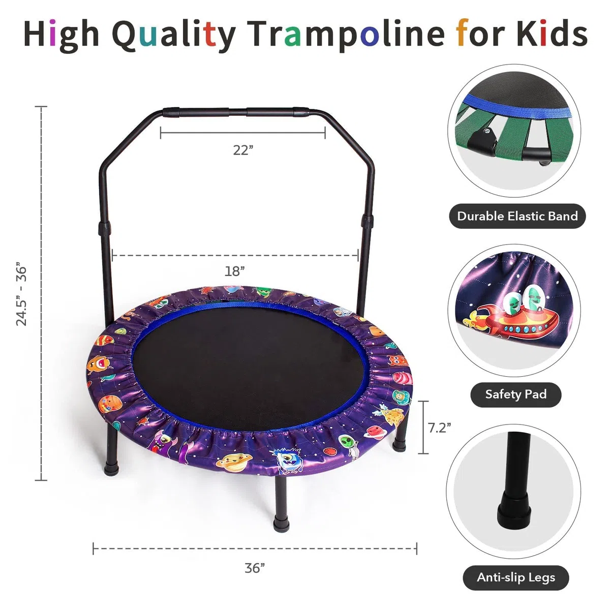Trampoline Enfant Ø92cm, Pliable Mini Trampoline avec Poignée Réglable & Rembourrage de Sécurité,Petit Trampoline intérieur Enfants, Intérieur et Extérieur pour garçons et Filles