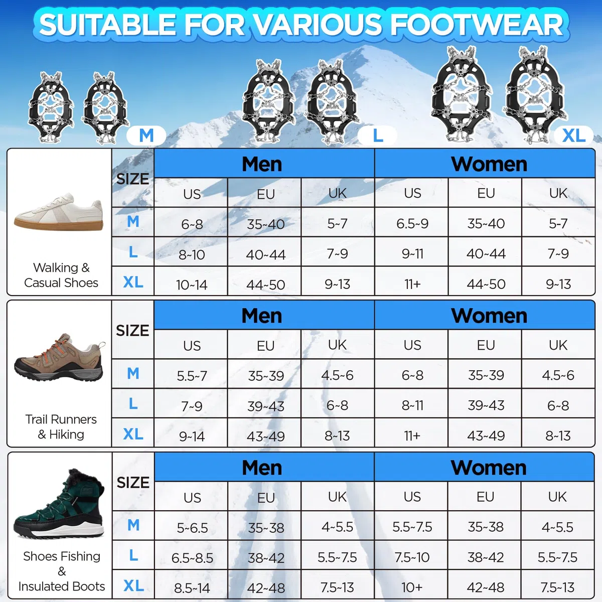 Crampons pour Bottes de randonnée, 24/32 Crampons antidérapants en Acier Inoxydable pour Chaussures et Bottes, Crampons de Traction durables pour la Marche, Le Jogging, l'escalade et la randonnée