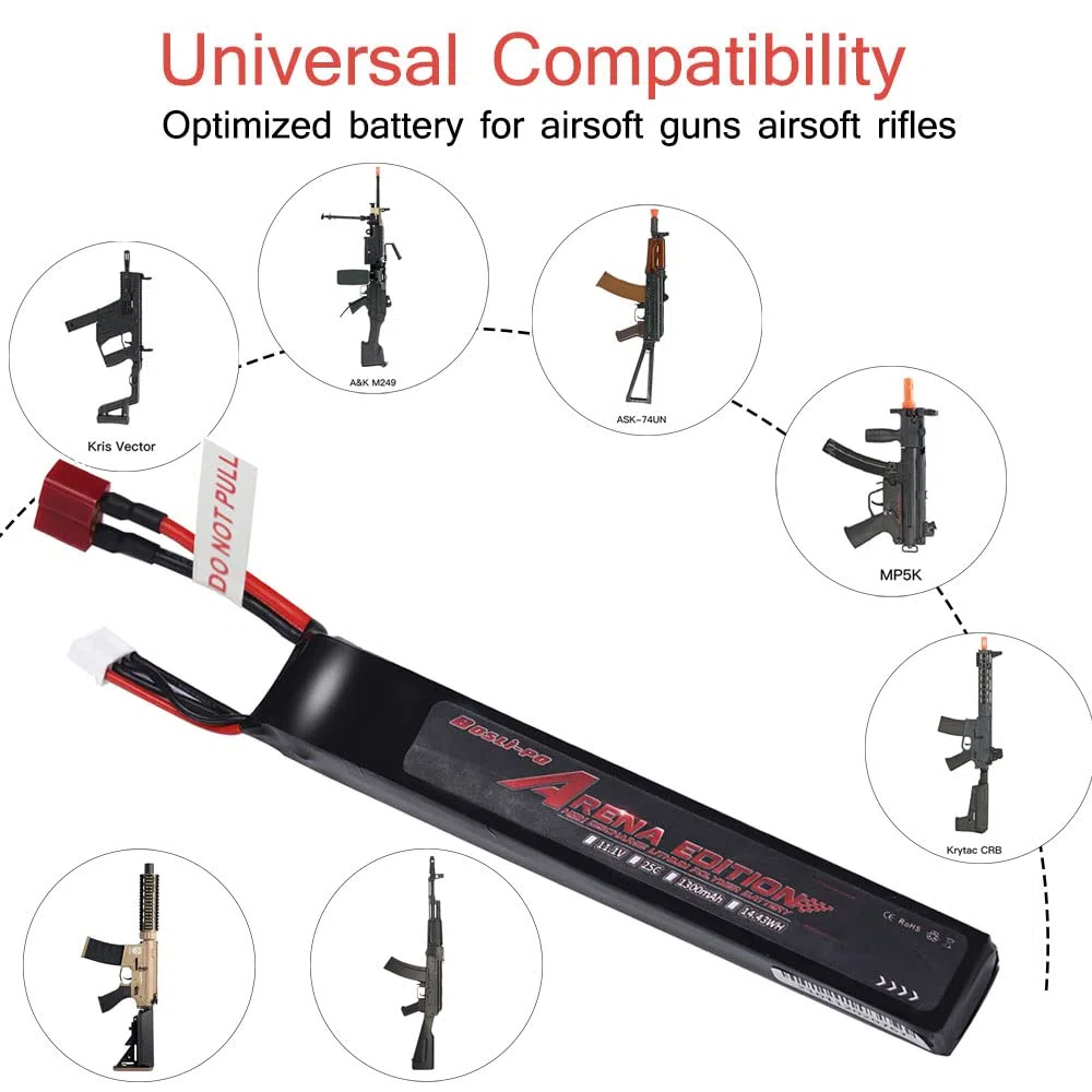 Bos-Lipo Airsoft Batterie Lipo 11.1V 1300mAh 25C 3S Batterie au Lithium pour Airsoft G36C, CAR15, MP5A5, M249, MC51, FNP90, G3A4 Airsoft(T connecteur)