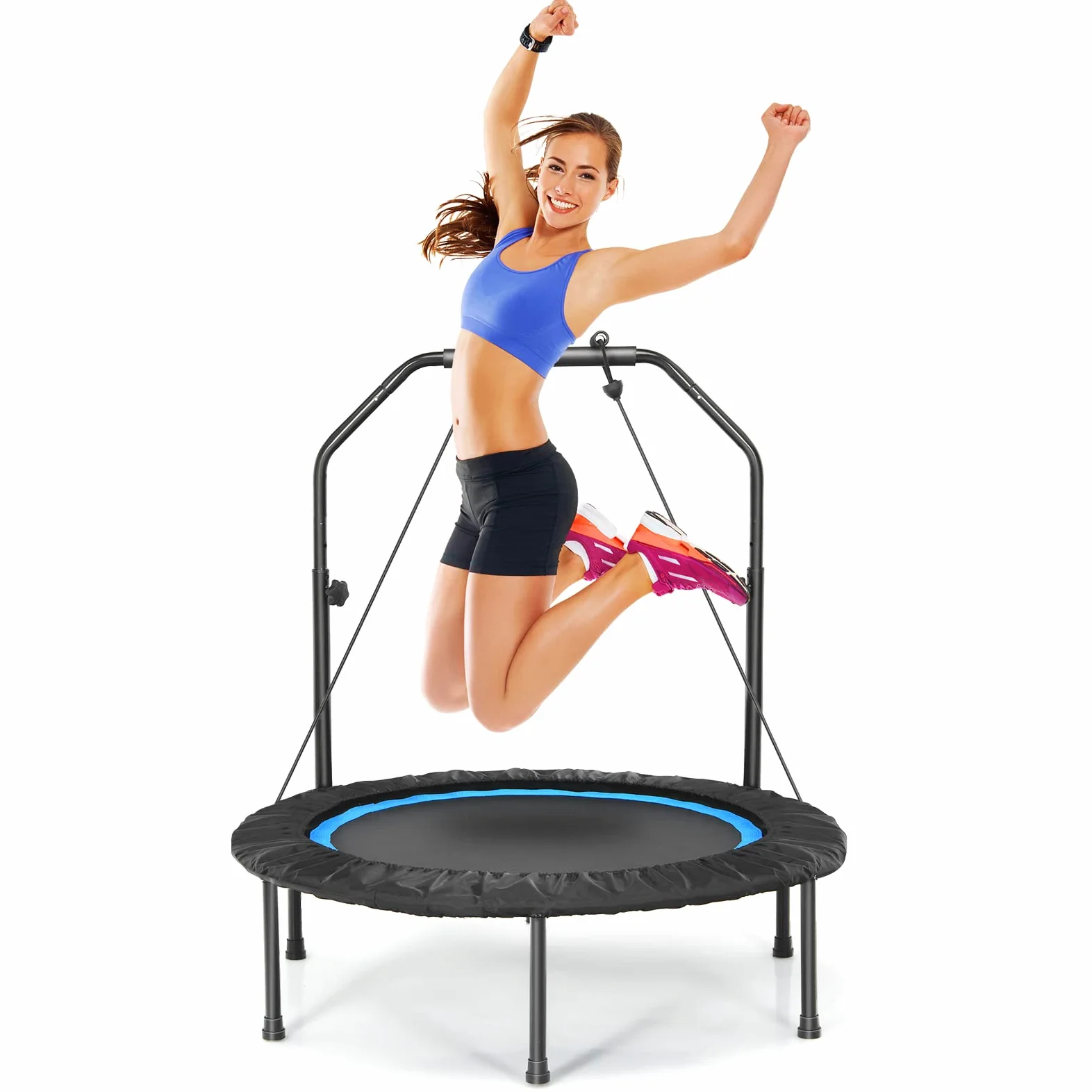GYMAX Trampoline de Fitness φ101cm, pour Adultes & Enfants, Poignée en Mousses Réglable en Hauteur, Design Pliable, Toile de Bonne Résistance, Installation Facile