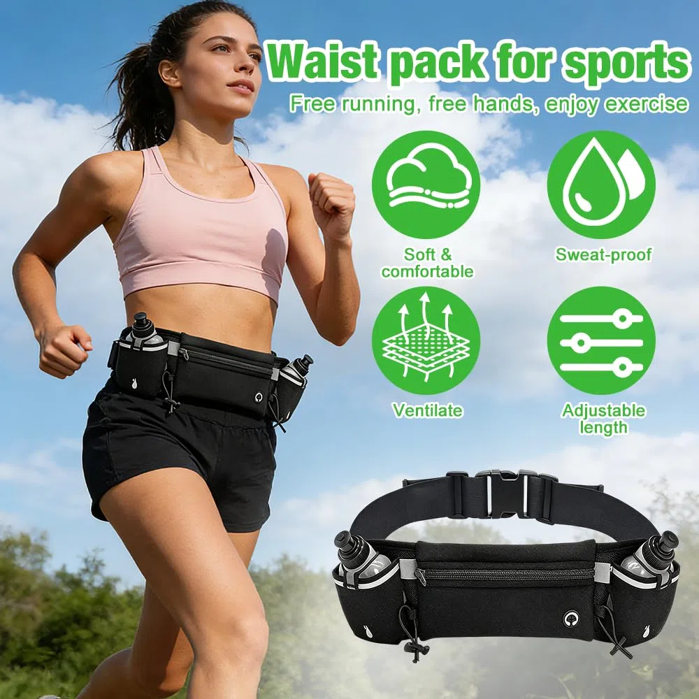 Mineup Ceinture Running Hydratation Course a Pied, Sac Banane Sport Belt, Fluorescent Homme Femme Sac Banane avec 2 Gourdes pour Trail Jogging Footing Randonnée Vélo Marathon Cyclisme (Noir)