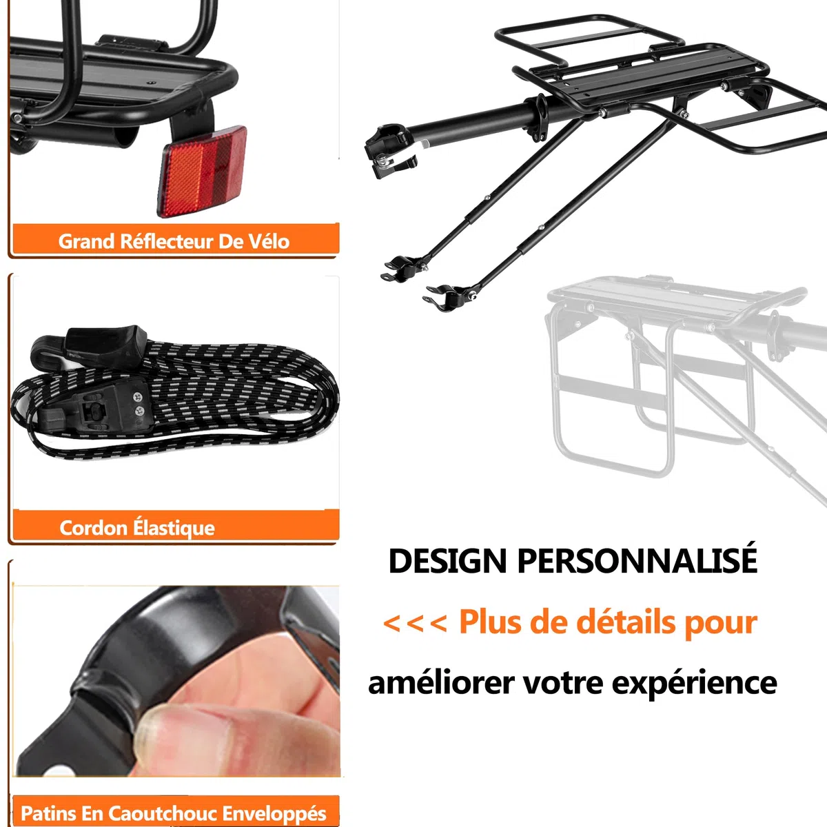 Porte-bagages pliable à larges ailes pour vélo, libération rapide, universel, grande capacité, hauteur réglable de 7,3 à 7,6 m
