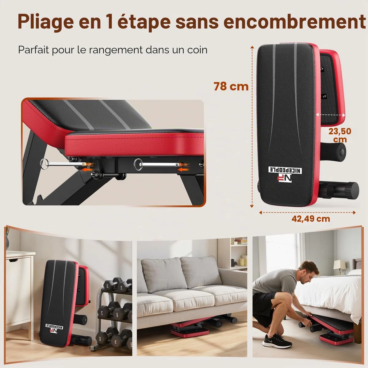 Nicepeople Banc de musculation réglable pour la maison, capacité 299 kg, banc d'entraînement avec 8 appuis-tête pour la poitrine, les épaules et les bras, banc de force compact et pliable pour petit