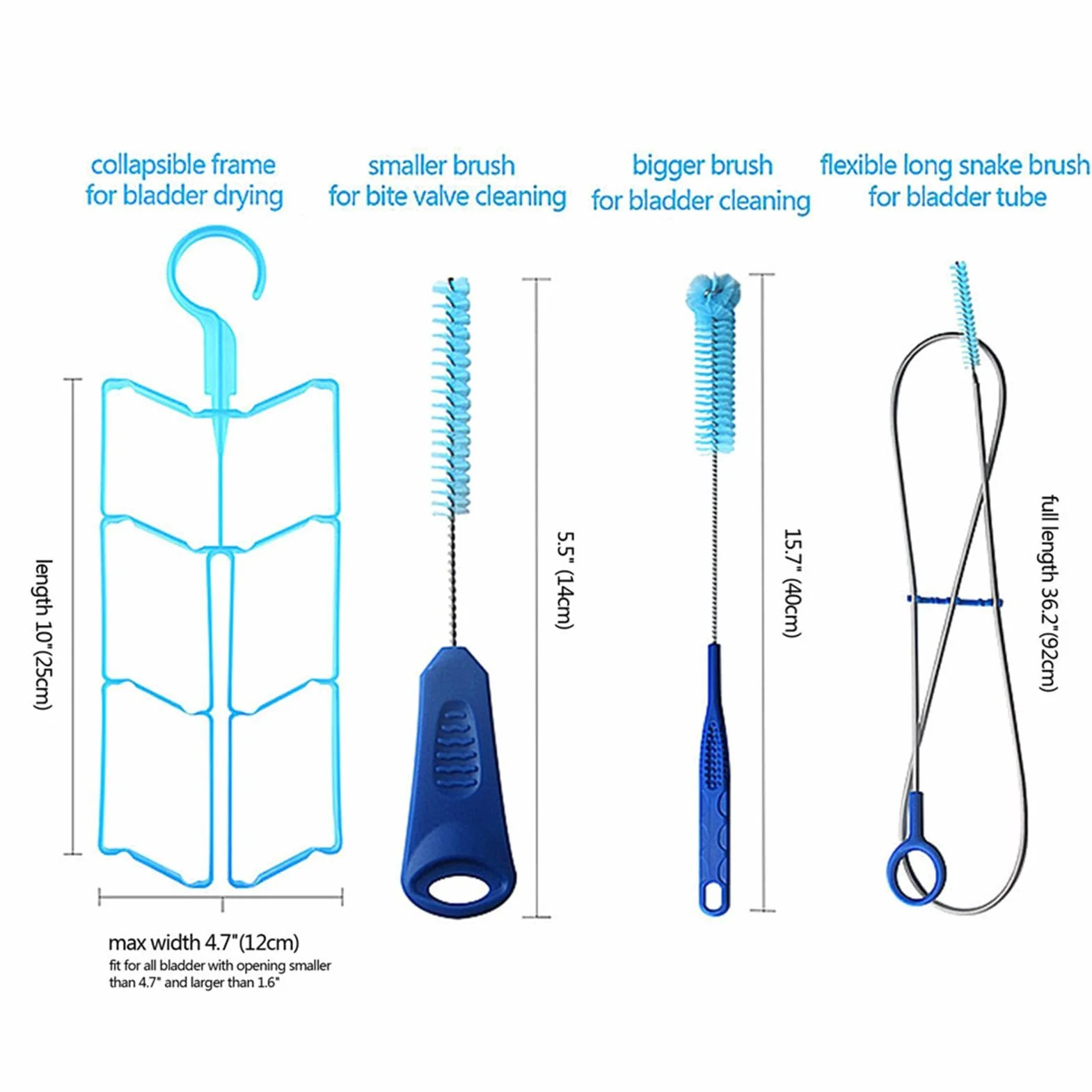 Ensemble de brosses de nettoyage 4 en 1 pour poche d'hydratation, kit de nettoyage de la poche à eau, comprend une longue brosse flexible, une petite brosse et une grande brosse pliable pour