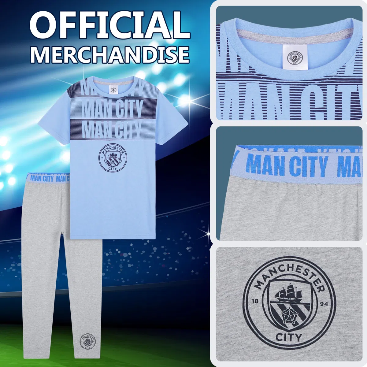 MANCHESTER CITY FC Pyjama Garçon - Confortable Vêtement de Nuit - Cadeau Enfant (Bleu/Gris, 13-14 Ans)