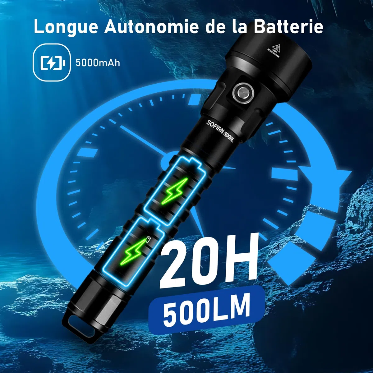 Sofirn SD09L Lampe de poche LED de plongée, 6800 lumens, IPX8, sous-marine, 100 m, 3 LED SST40 avec batteries rechargeables