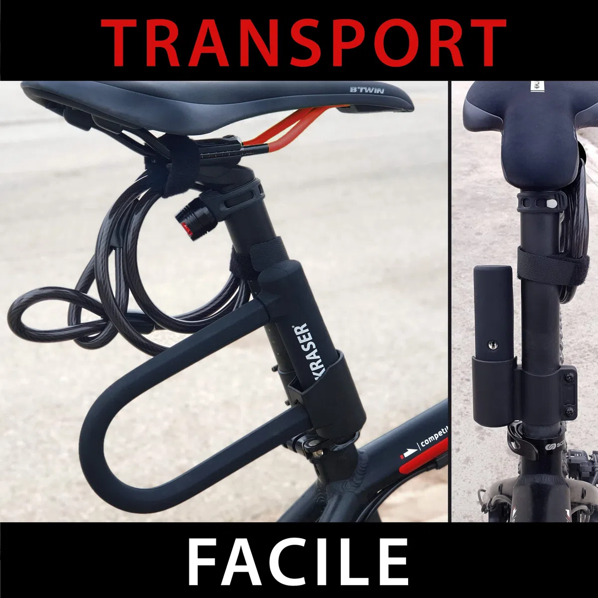 KRASER KR65145B Antivol Vélo, Robust U + Cable 120cm Plus Sûr et Pratique, Anse ø16 Acier Double Verrouillage, Support Transport Facile, Protection Silicone Anti-rayures, Universel pour Scooter Vélo