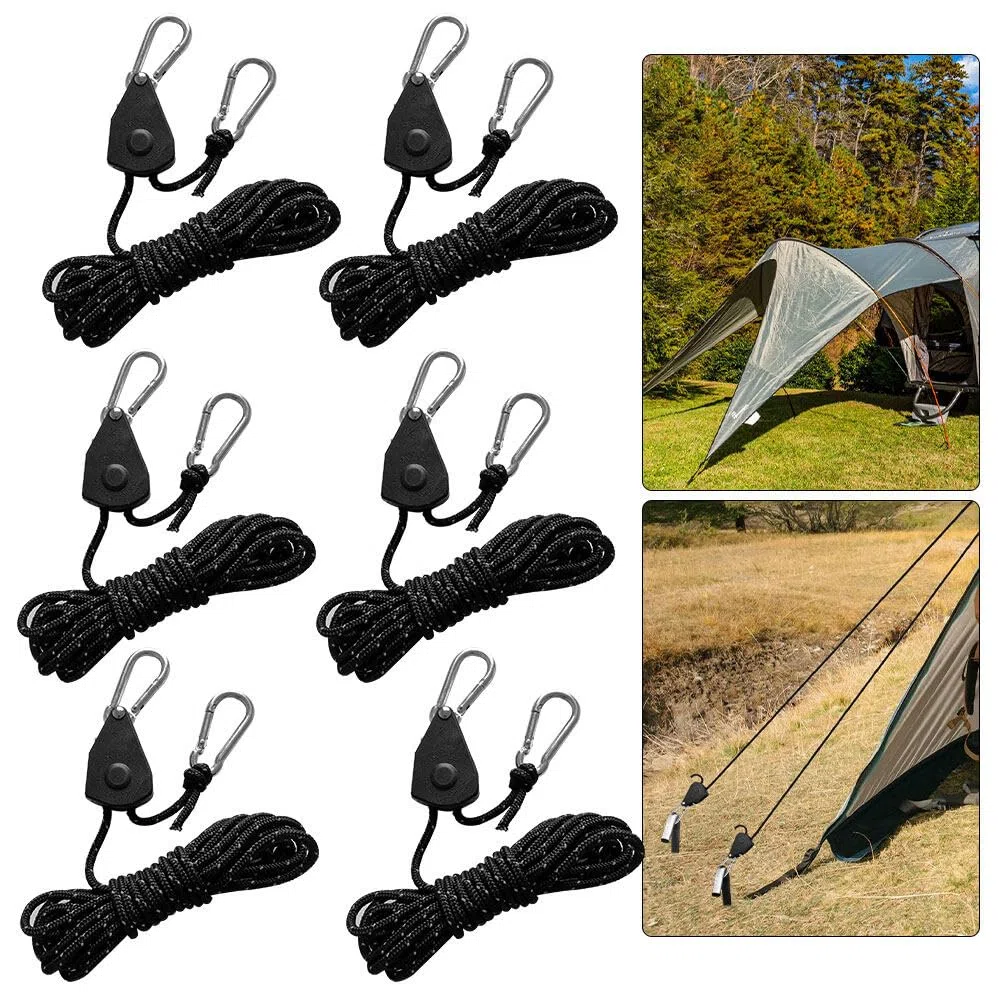 6PCS Corde avec Mousqueton 5m, 4mm Tendeur Voile Ombrage Poulie, Tendeur à Cliquet pour Corde, Cordes de Tente avec Poulie, Tendeur Corde Tente pour Bâche de Tente de Camping (Noir)