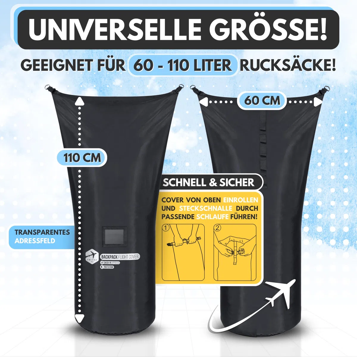 TWIVEE - Housse sac à dos avion - Housse de pluie sac à dos - Volume réglable - 60 à 110 litres - Taille flexible - Protection pour dos de voyage