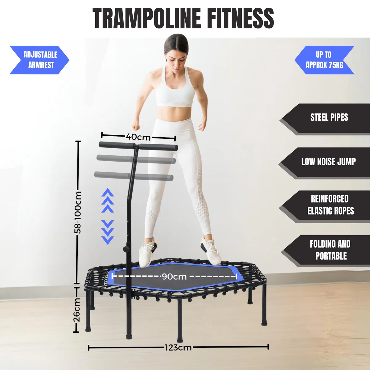 Trampoline Fitness Elastique pour Sauter de Ø90cm Pliable et Silencieux. Installation Facile, Octogonale pour Adultes,Enfants. Intérieur,Extérieur avec Accoudoirs Réglables en Mousse.