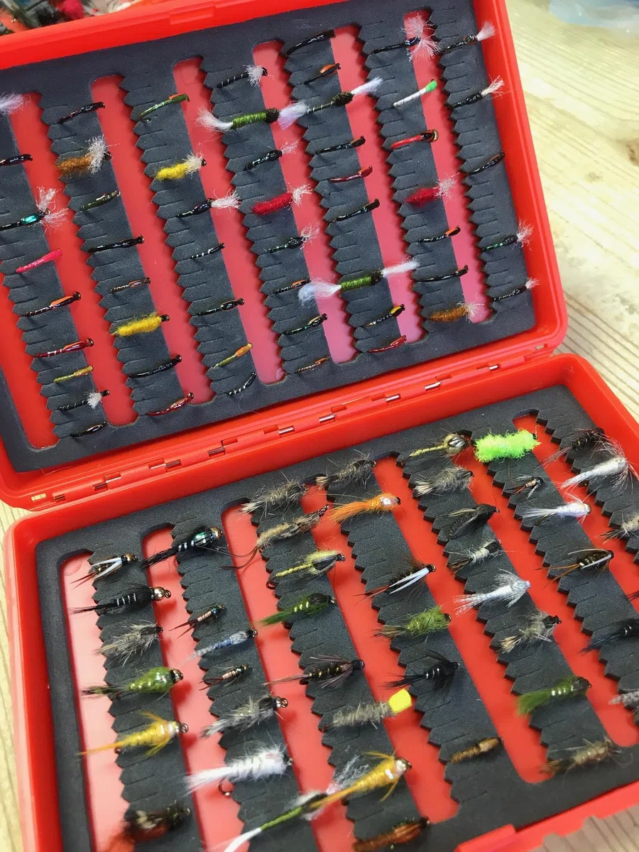 Pêche à la mouche Sélection Plus de 100 mouches pour la truite gratuit Clip Shut Box Lot # 501