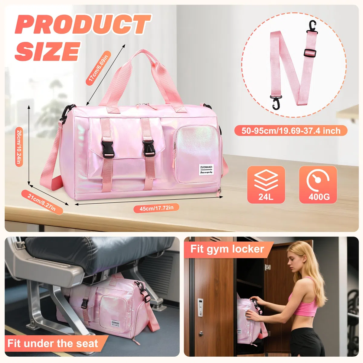 Sac de Sport Femme Imperméable Sac de Voyage avec Compartiment Chaussure y Poche Humide Sacs Weekend Leger Sacs Piscine Grande Capacité Gym Duffle Bag 24L pour Natation Yoga Gymnastique, Rose
