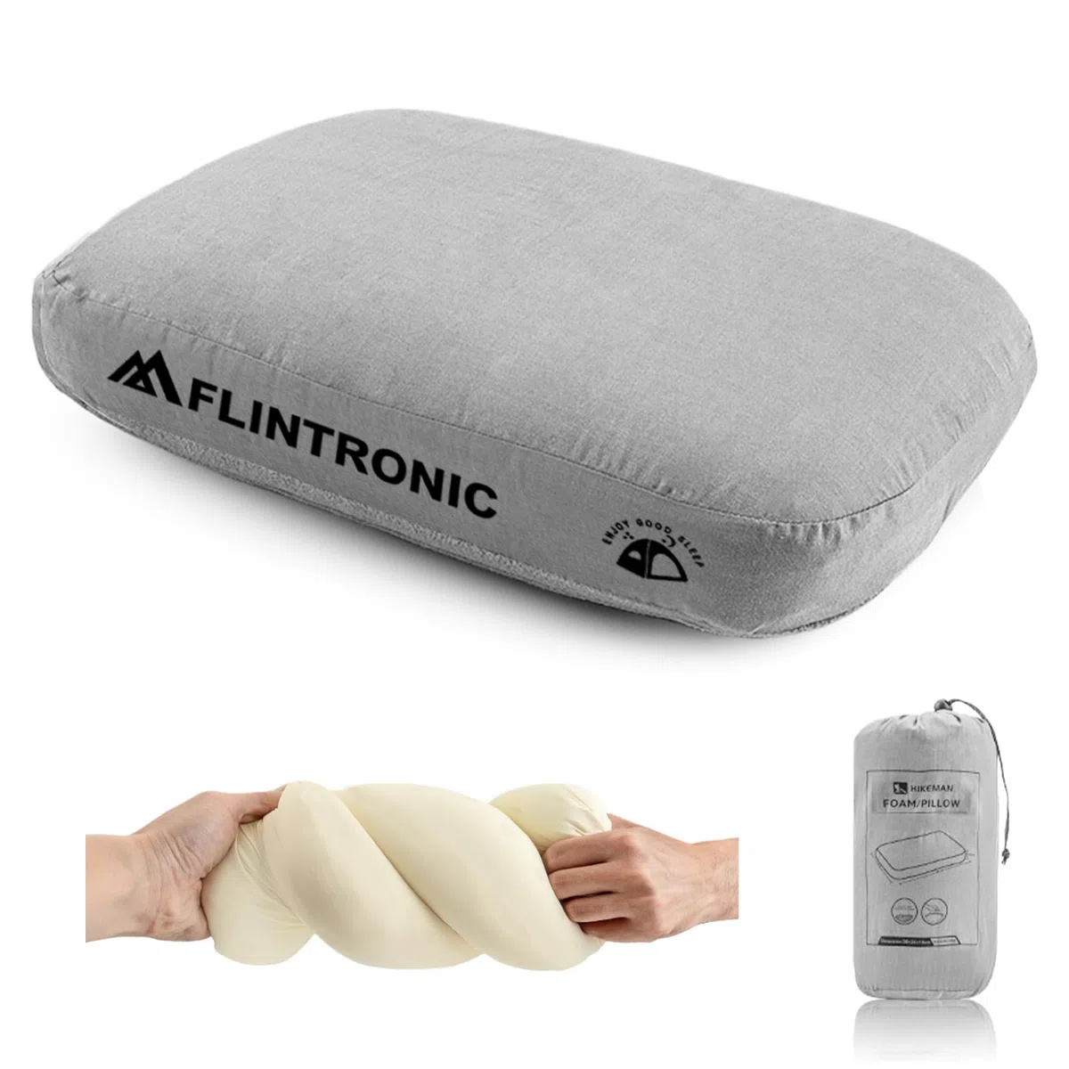 flintronic Oreiller de Camping, Coussin de Camping en Mousse à Mémoire de Forme, Oreiller de Voyage Ultra Léger et Ergonomique, pour Soutien du Cou, pour Randonnée, Voiture, Voyage, Avion - Gris