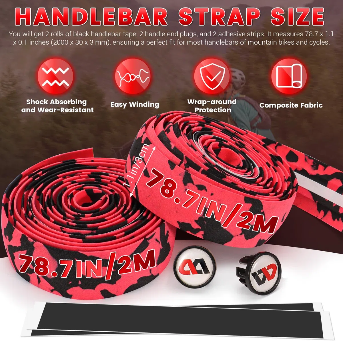 Lot de 2 rouleaux de ruban adhésif pour guidon de vélo avec 2 bouchons d'extrémité et bandes adhésives en mousse EVA - Ruban antidérapant - Pour VTT et vélo - Rouge