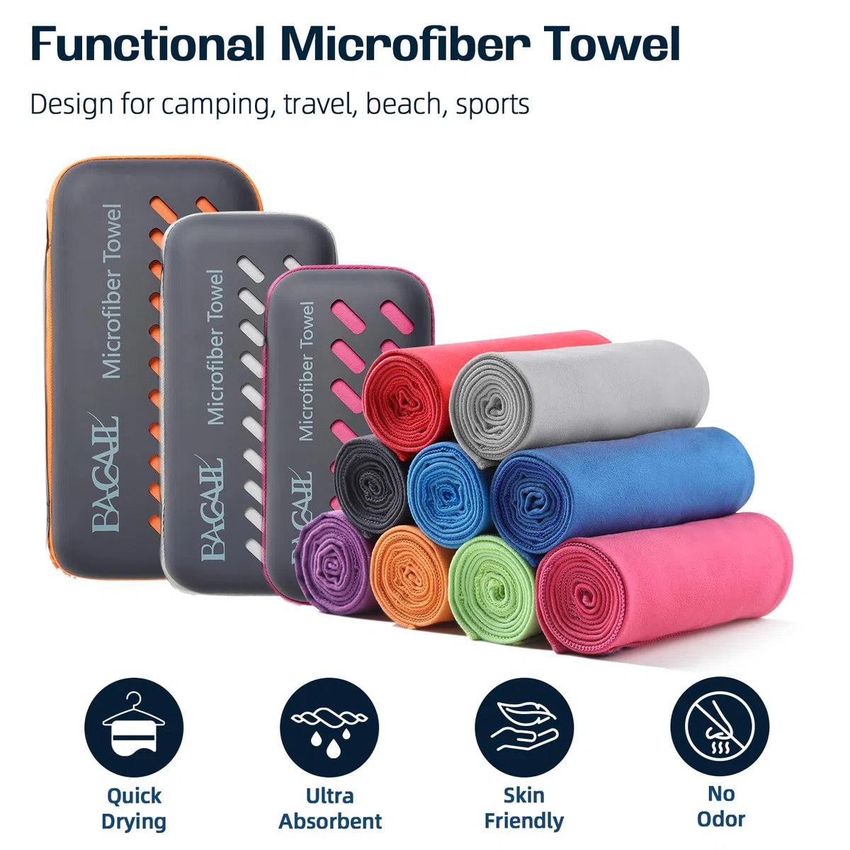 BAGAIL Serviette de Bain et Serviette de Plage en Microfibre, Séchage Rapide - Super Absorbant - Ultra Compact, Idéal pour le Sport, la Gym et le Yoga.