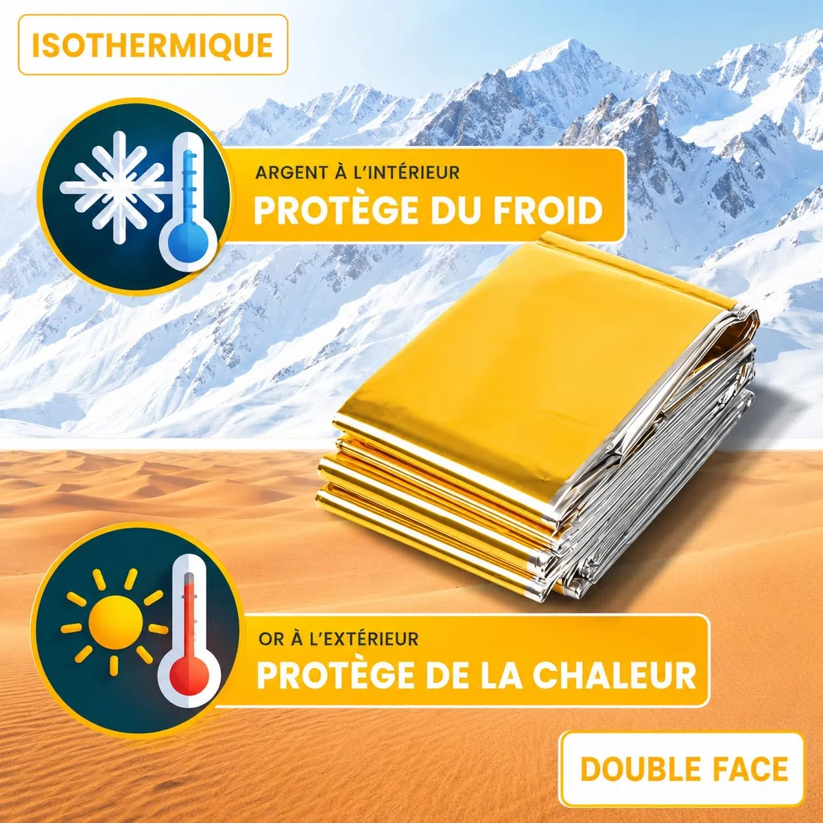 Lot de 3 Couvertures de Survie Isothermiques Made in France – Or/Argent – 210 x 160 cm – Protection Froid et Chaleur – Randonnée, Secours, Trail, Camping, Urgence