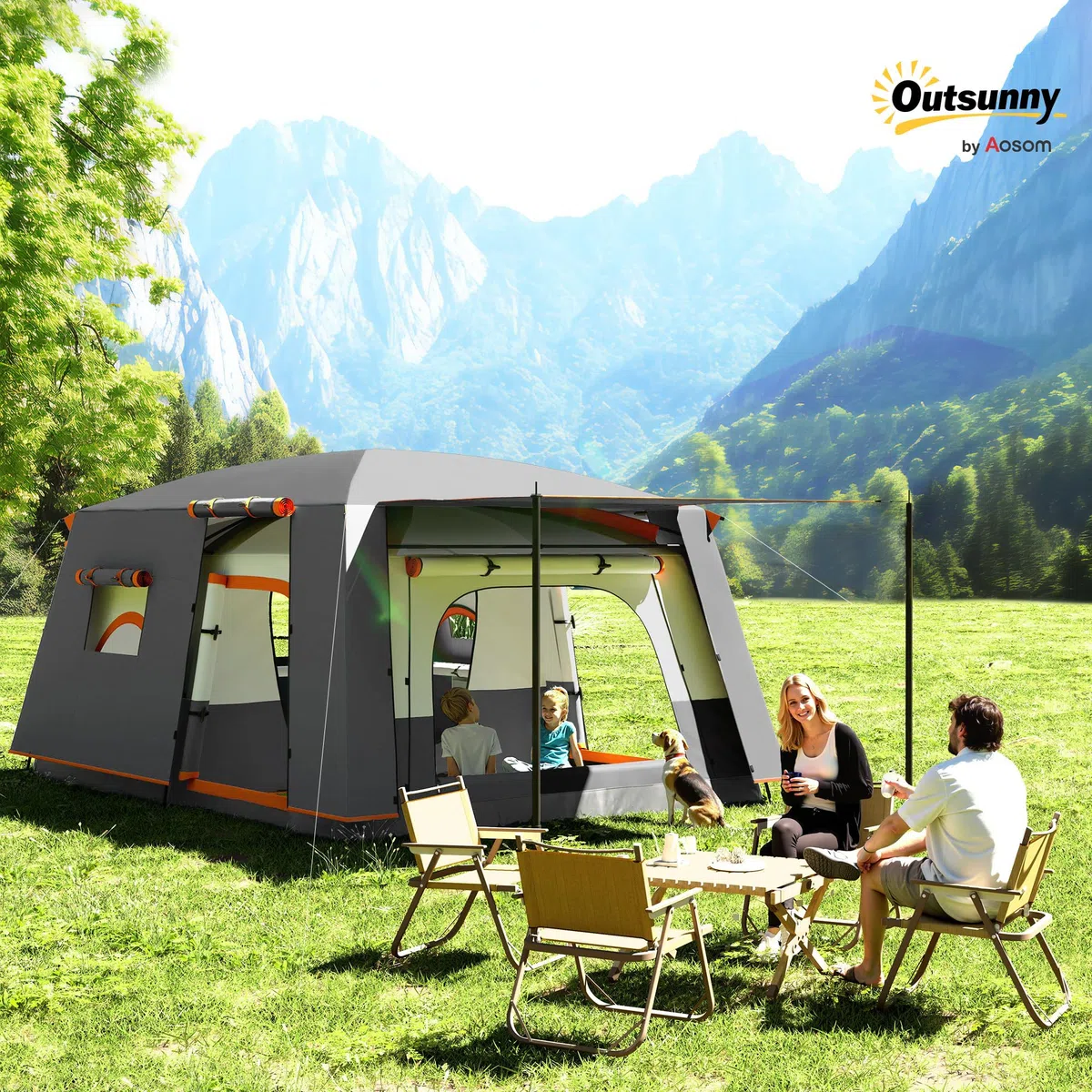 Outsunny Tente de Camping familiale 4 Personnes, Tente Tunnel, Portes + fenêtres, ventilée, Sac de Transport Inclus, Facile à Monter, 4,3 x 3 x 1,95 m