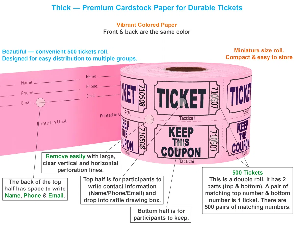 Tacticai Lot de 500 tickets de tombole, rose (1 des 8 couleurs), double rouleau, billet pour événements, entrée, récompense de classe, collecte de fonds et prix