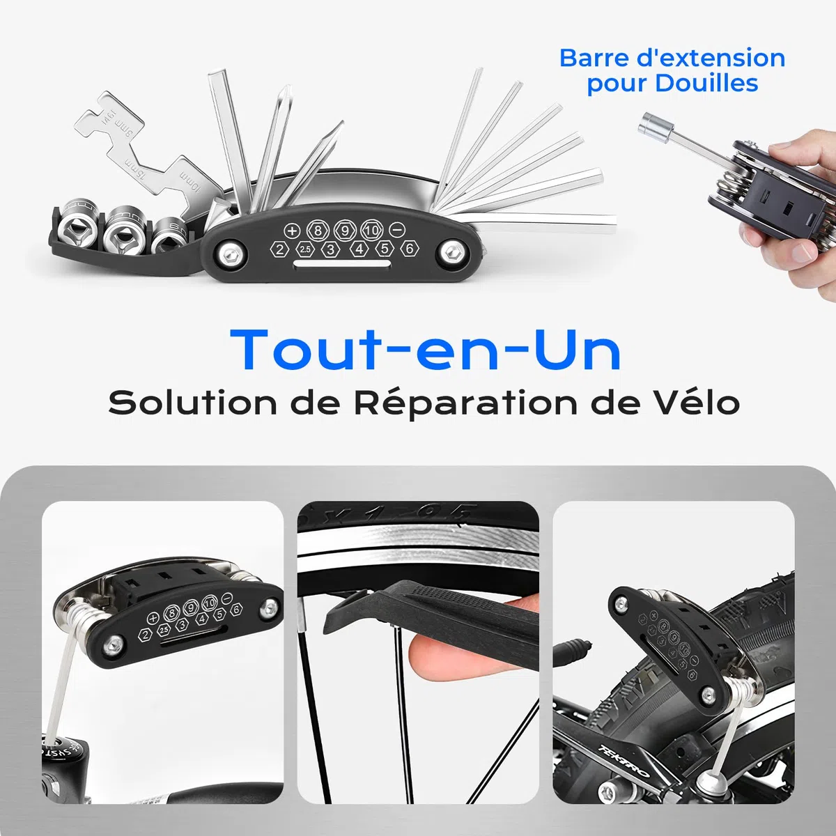 Kit Reparation Velo, Trousse Outils de Vélo, Outil Multifonction 16 en 1, Kit Crevaison Velo avec 3 Levier Pneu Velo, Rustine Velo Accesoire pour Bicyclette, VTT, Cyclisme