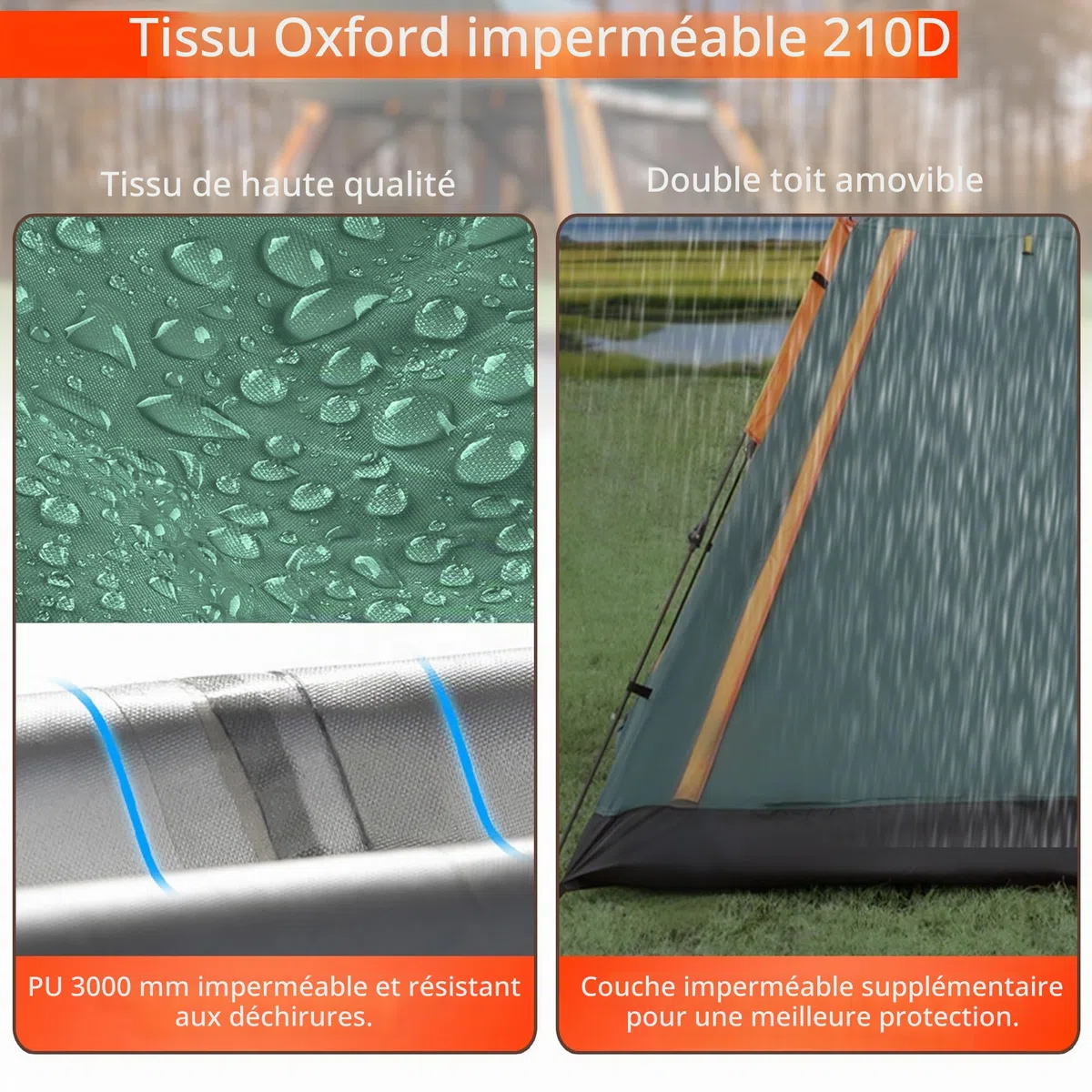 Tente QQ CAT à déploiement rapide 2 places, tente de camping instantanée dôme étanche 3000 mm avec auvent, tente automatique anti-vent pour festival pour adultes 4 saisons, vert/orange