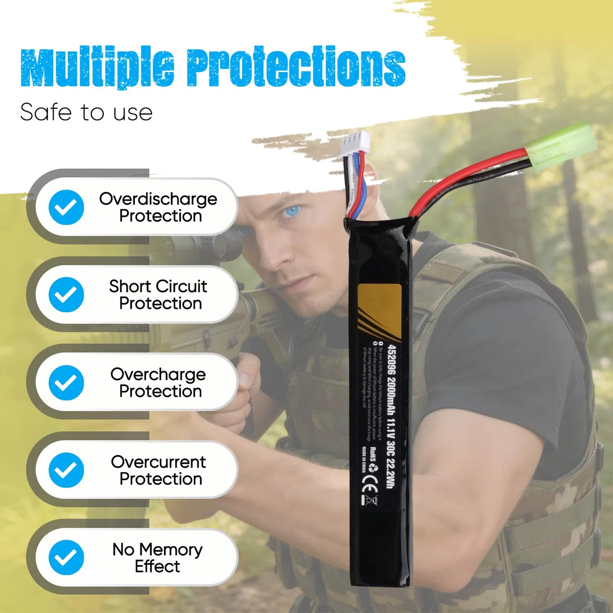 11,1 V 2000 mAh 30C 3S LiPo Rechargeable Batterie avec Mini Tamiya Connecteur, 22,2Wh Pack Compatible avec Airsoft M4, M110, AK47, L85, MP5, Scar, M249, AUG, AEG, MP5K, M60 Airgun Model