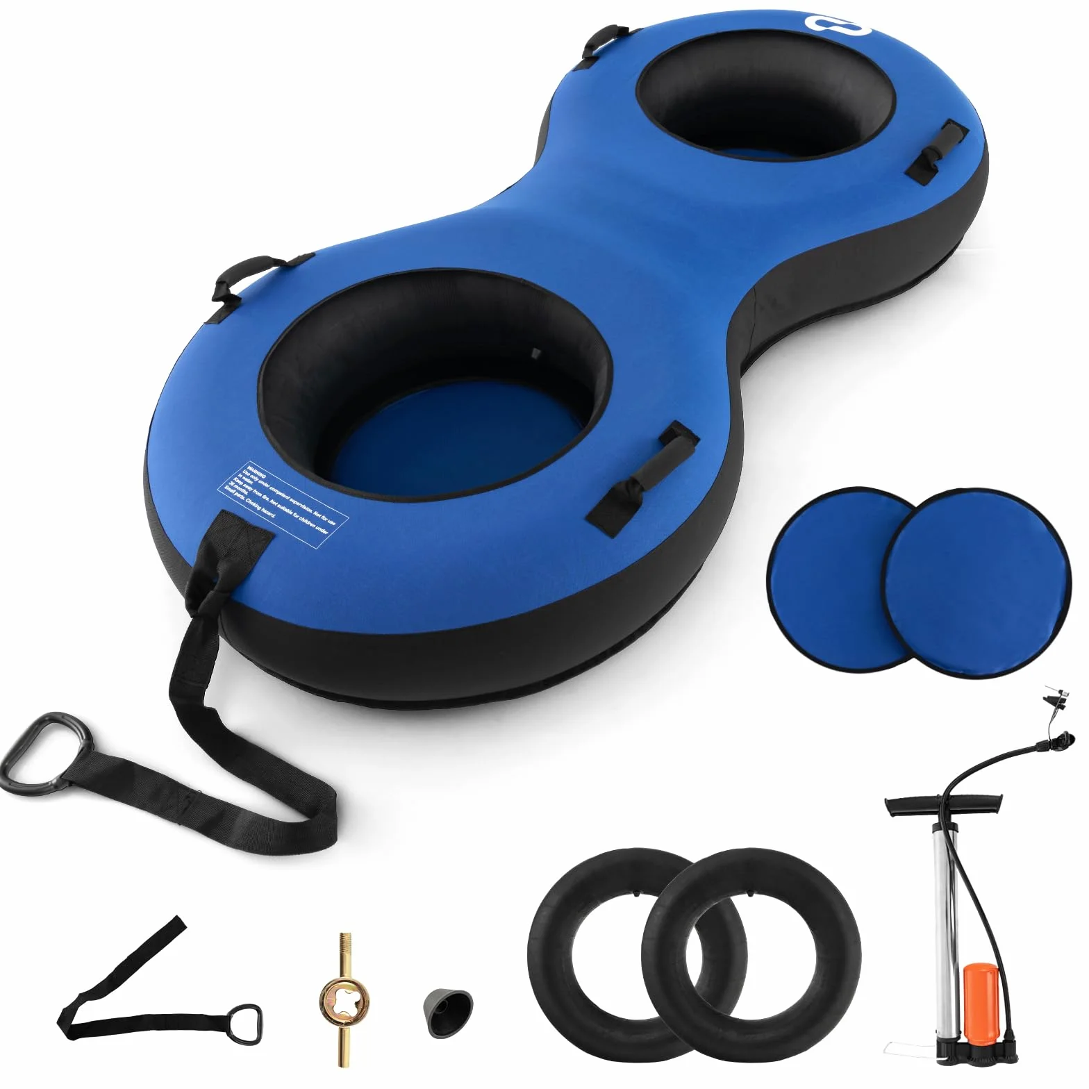 GOPLUS Luge à Neige Gonflable, Tube à Neige 100 cm avec Pneu en Caoutchouc, Coussin de Siège, Poignée, Pompe Inclus, pour Sports d'hiver Enfants&Adultes, Charge 200KG, Bleu/Rouge