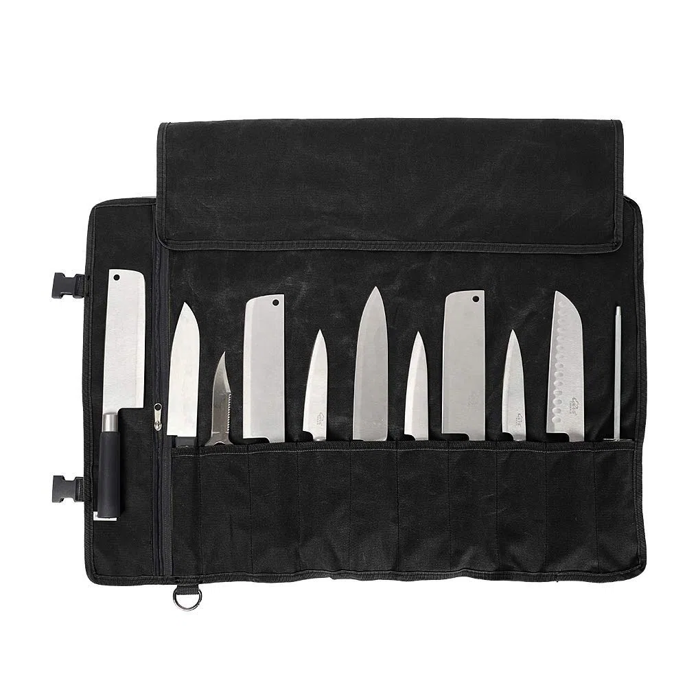 Trousse De Couteaux Chef Professionnel Sac à Couteaux en Toile Cirée Sacoche Couteaux 11 Emplacements Noir