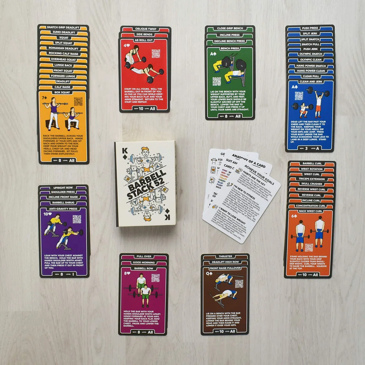 Stack 52 Cartes d'exercices à la Barre. Jeu de Cartes pour la Musculation | Instructions vidéo incluses. Séances de musculation et de renforcement. Programme de fitness pour salle de sport à domicile.