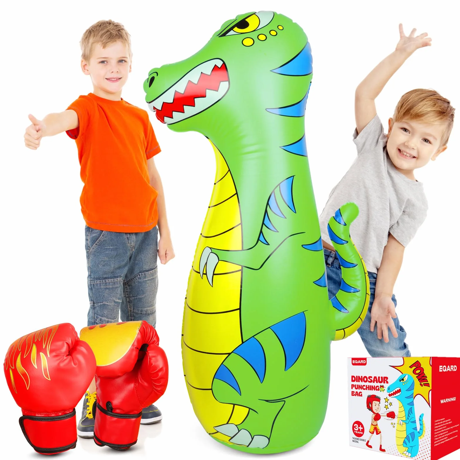 Sac de Frappe Enfant 120cm Gonflable Dinosaure Sac de Boxe avec Matériau Plus Épais et Sûr Rebond Instantané avec Gants de Boxe Karaté Taekwondo Cadeau pour Enfants 3-9 Ans Filles Garçons