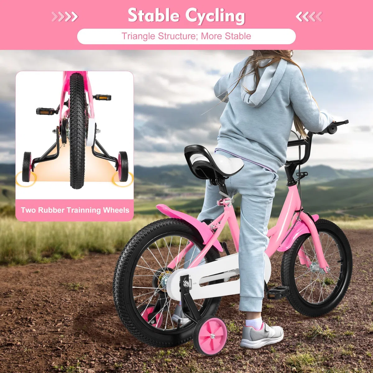 Vélo pour enfant de 16 pouces, garçons et filles, réglable en hauteur, avec roues stabilisatrices amovibles, vélo d'apprentissage pour garçons et filles à partir de 5 à 8 ans