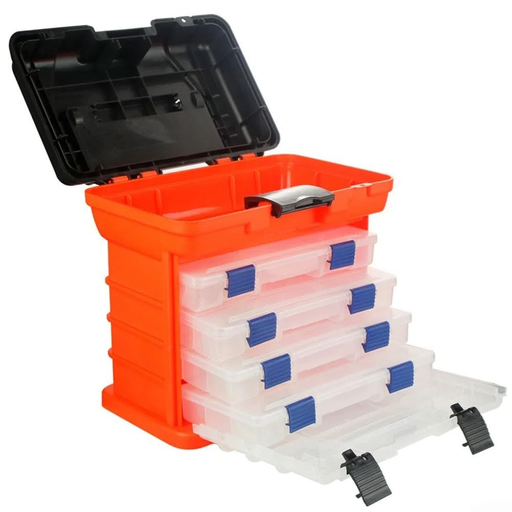 Boîte de rangement pour équipement de pêche à 4 couches avec poignée pliable pour la portabilité et l'assise, boucles de sécurité verrouillables, et grande capacité adaptée aux moulinets, lignes et