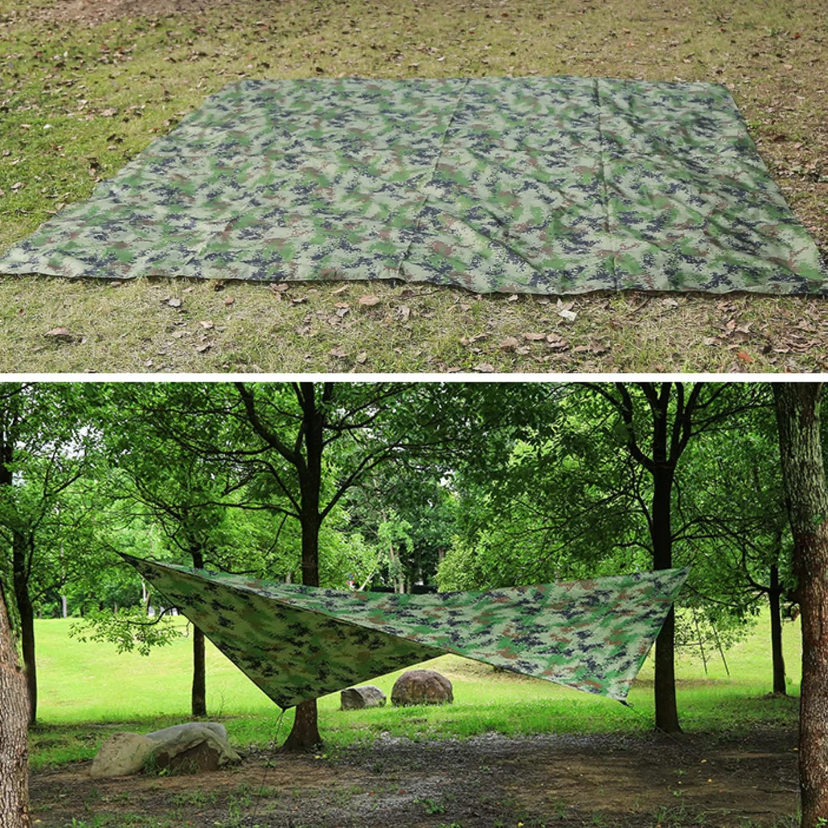 Azarxis Bâche Anti-Pluie Tarp Bivouac Toile de Tente Imperméable Tapis de Sol Abri de Randonnée Parasol Auvent Anti UV pour Camping Trekking (02 Camouflage, 270 x 270 cm (Diagonale))