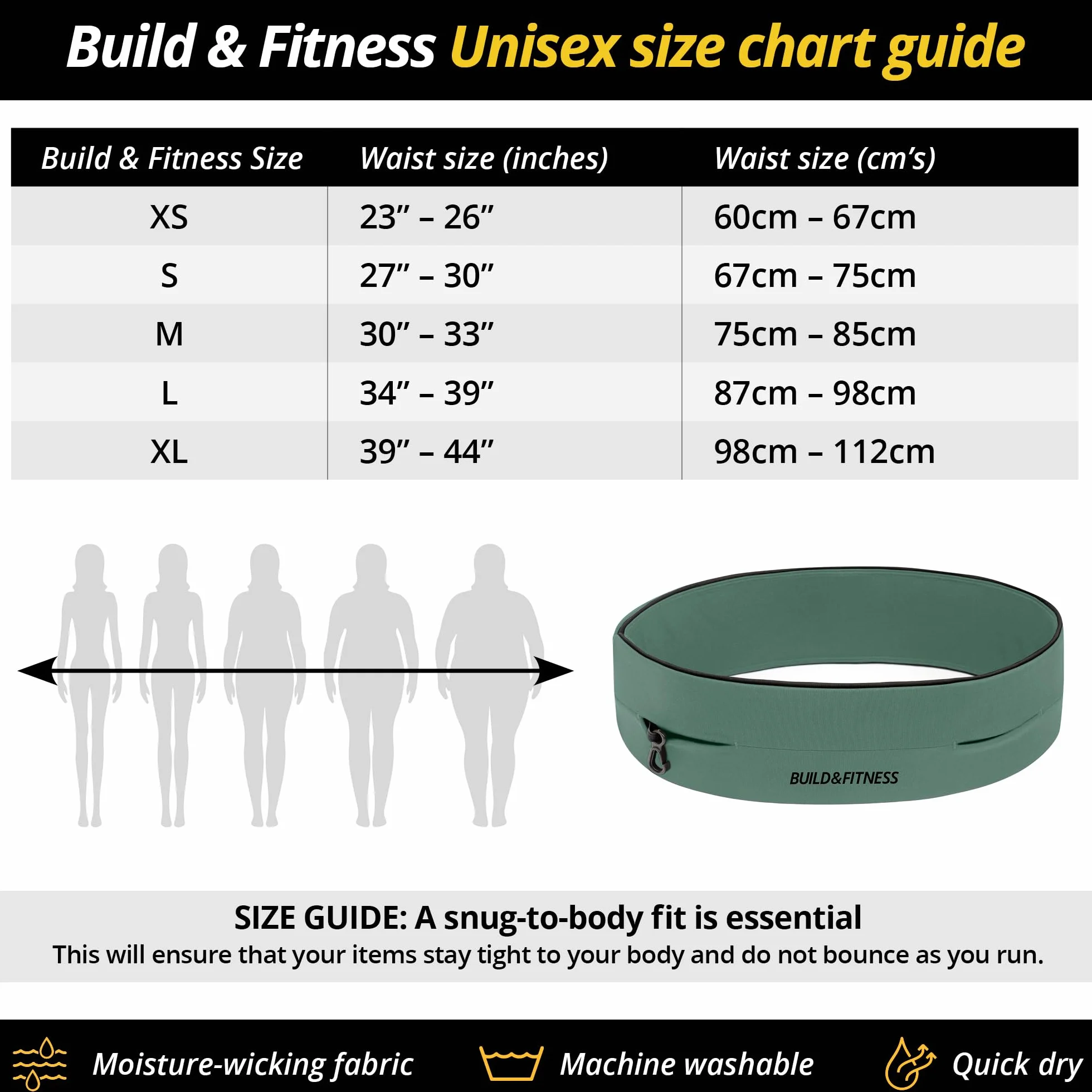 Ceinture de Course Build & Fitness, Poche à la Taille, Porte-clés intégré, Support pour téléphone. pour Hommes et Femmes. Légère, Fine et Confortable ; Compatible avec Tous Les Samsung et iPhones