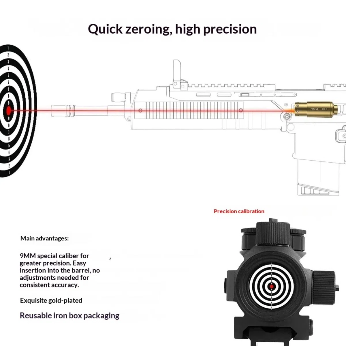 Cartouche de réglage à Point Rouge (Bore Sight) pour 9 mm/Cal. 12 / .45 ACP / .38 Spl / .40 S&W, avec 2 Jeux de Piles
