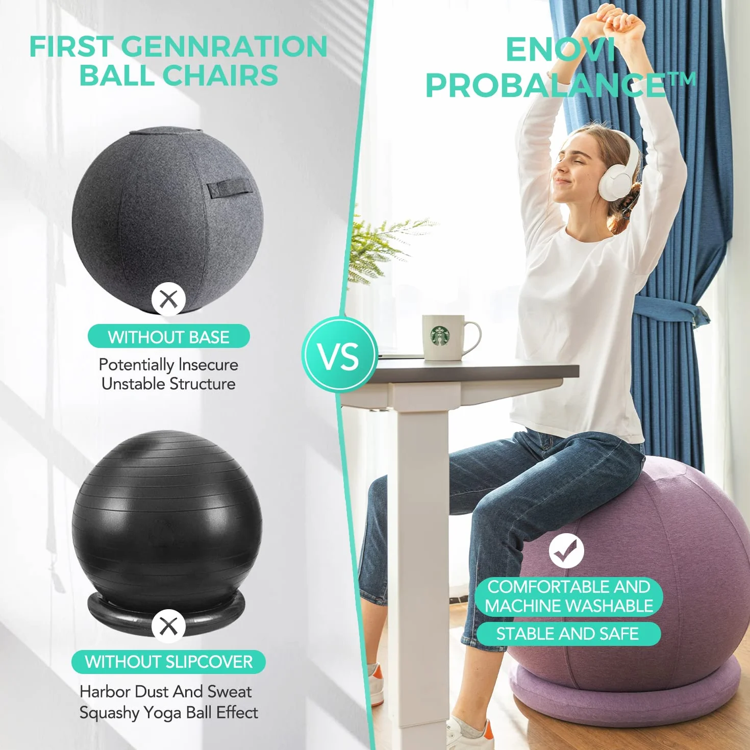 Chaise Ballon - Ballon Fitness Avec Housse Confortable,Base De stabilité Et Pompe Pour Le Bureau Et La Maison,La Force De Base Et La Posture,Soulager Les Maux De Dos,65 cm,WF