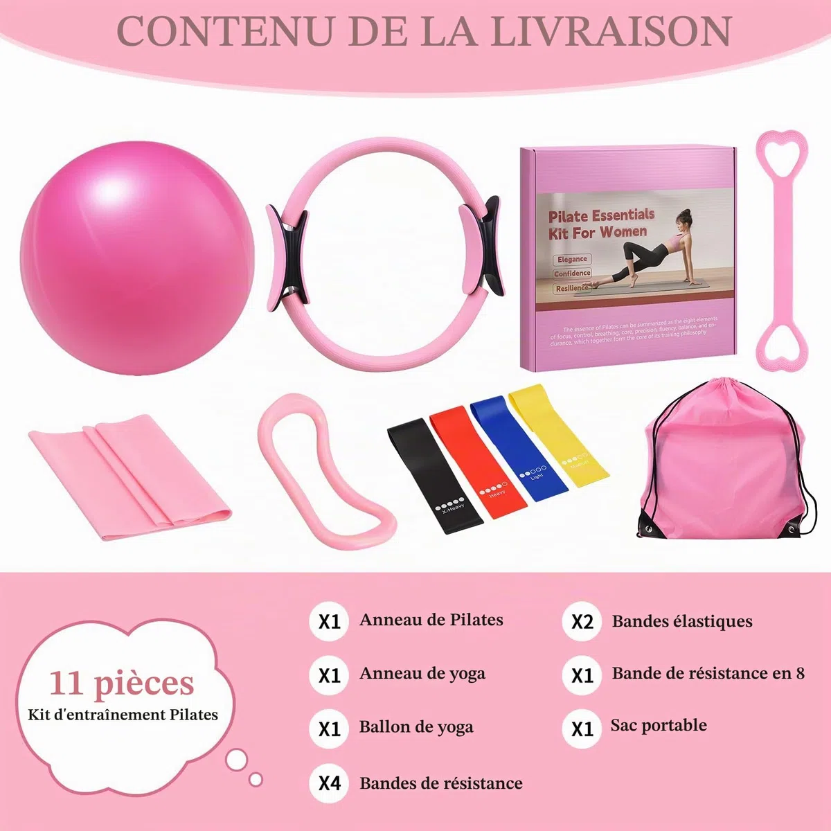 Lot de 10 Accessoires de Pilates,de Balle de Pilates pour la Maison,Pilates Essential Kit für Frauen mit Yoga Ball,Yoga Ring,Tragbaren Tasche,Spannungsring,Fitnessband,für Home Gym,Outdoor Fitness