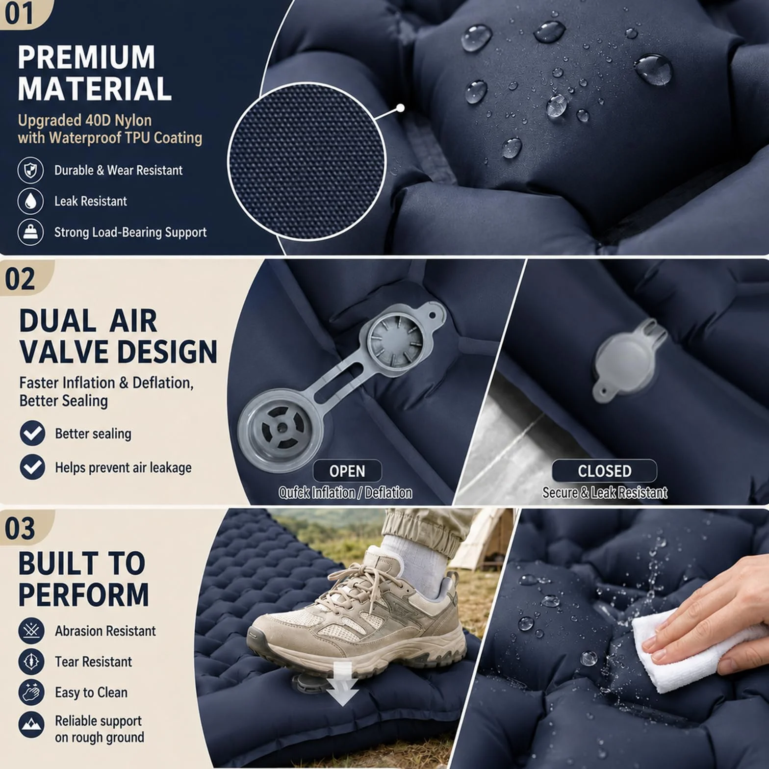 CIYIN Matelas Camping Autogonflant, Matelas Gonflable 1 Place, Matelas de Plage, avec Oreiller et Pompe à Pied intégrée, Ultra Léger, Portable, pour Tente Trekking Randonnée (Bleu Marine)