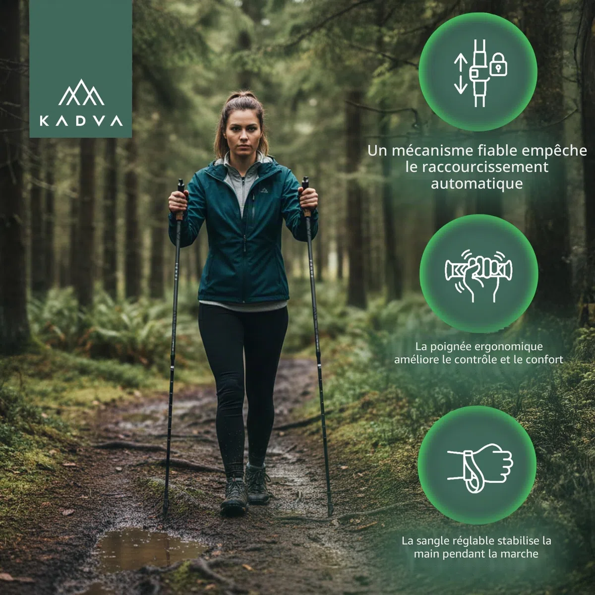 KADVA Bâtons de Marche Nordique Nordic Walking ARUKU Couleur Noir avec Taille Réglable 83-135 cm Système de Blocage Rotatif Twist Lock pour la stabilité et la sécurité