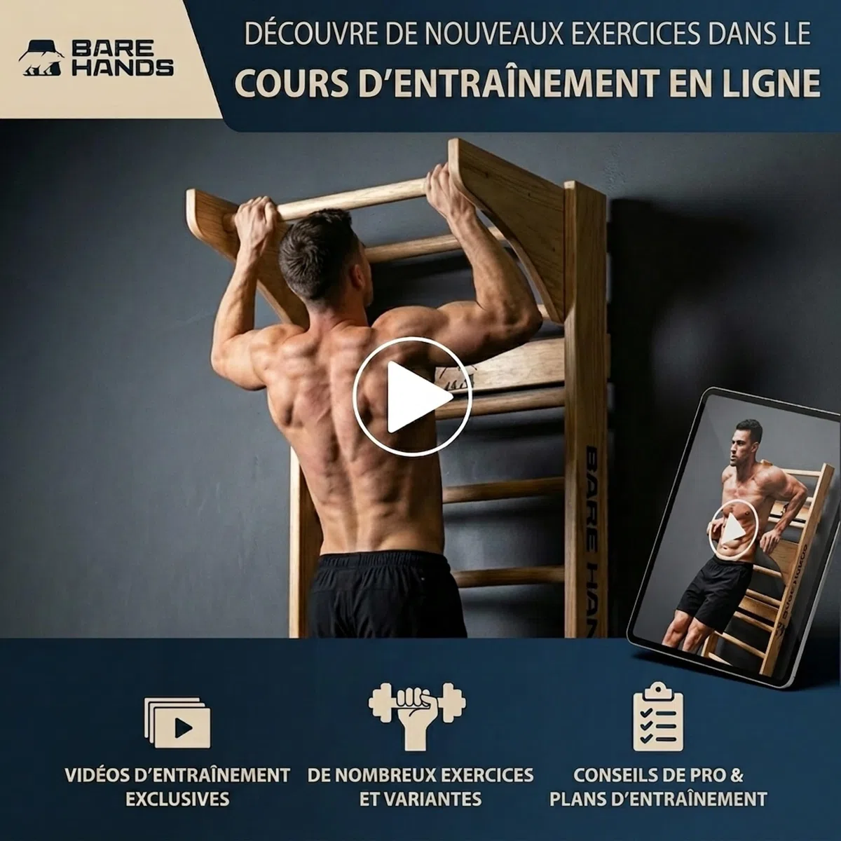 Bare Hands Espalier en Bois pour Adulte et Enfant – Échelle Suédoise Ultra Robuste Jusqu’à 200 kg – Espalier Gym & Musculation pour la Maison – avec ou sans Barre de Traction et Barres à Dips