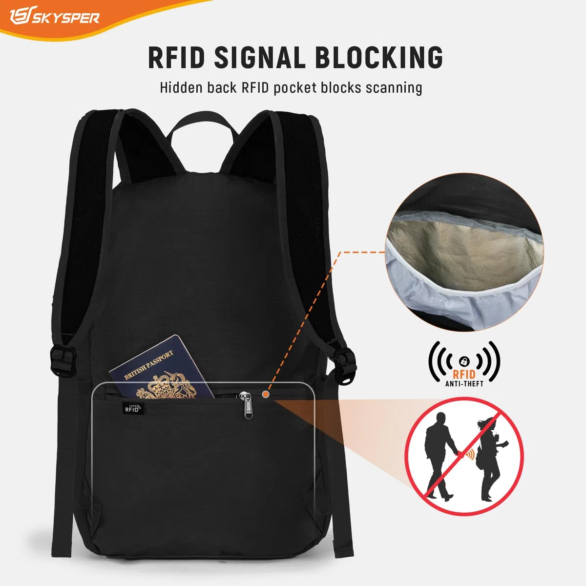 SKYSPER Sac à dos Pliable Antivol avec Protection RFID, 20L Sac à dos de Randonnée Petit Sac à dos pour Homme Femme Voyages Trekking Sport