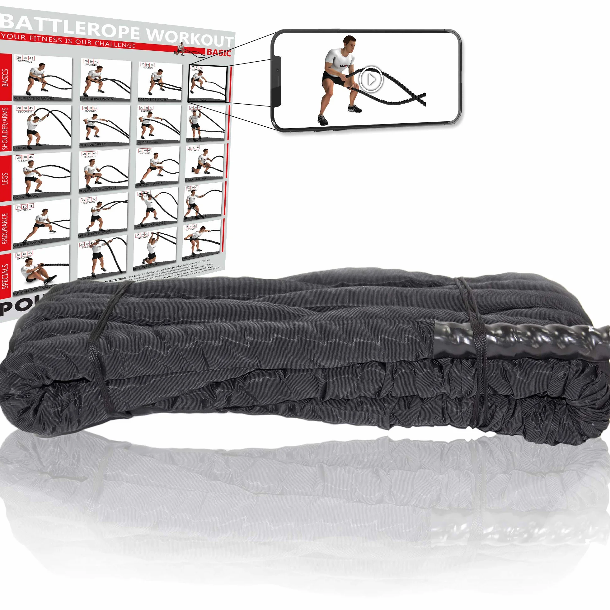 POWRX Corde d’entraînement avec housse - 38 ou 50 mm de diamètre - Pour fitness et musculation - Différentes longueurs, 38 mm, 9 m
