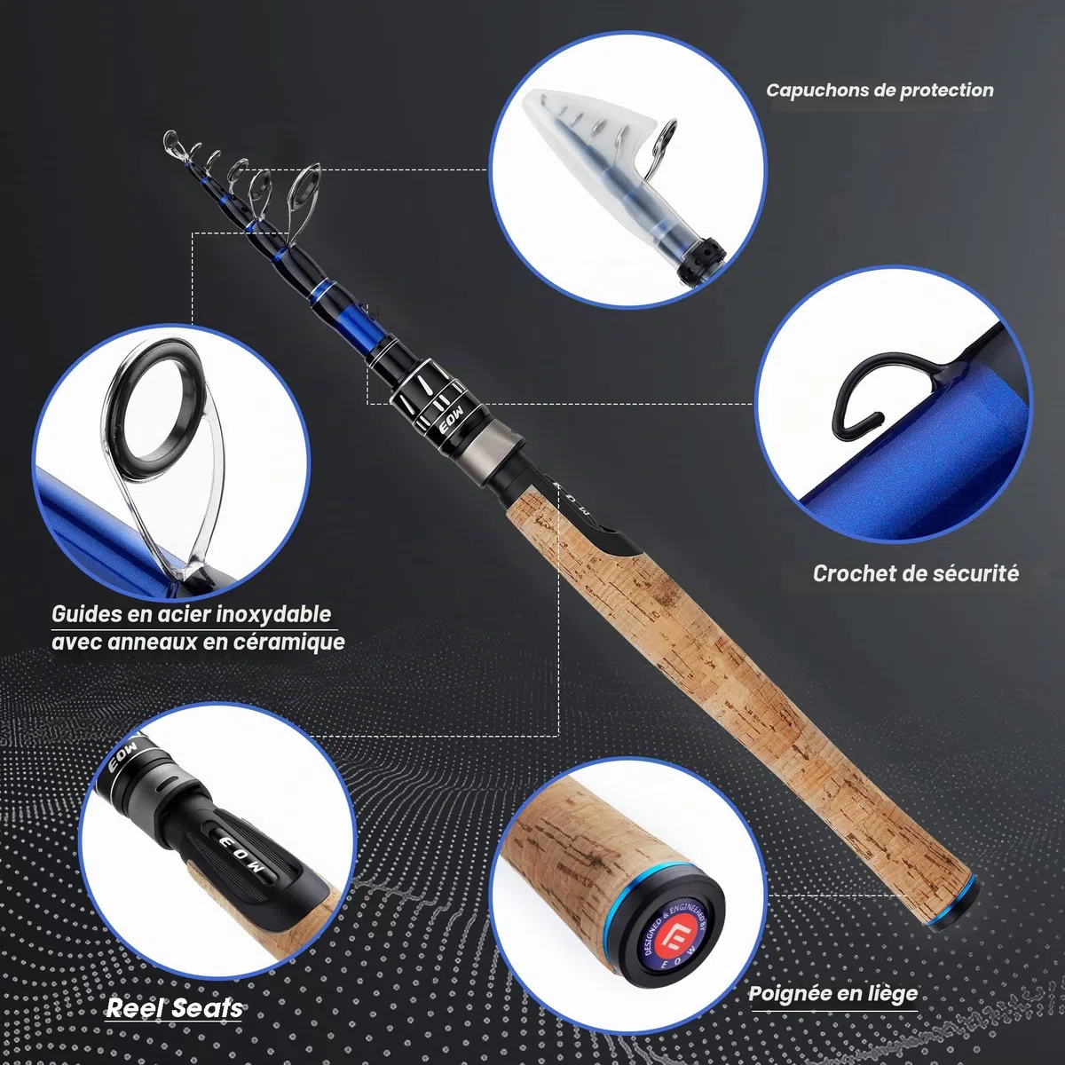 Eow XPEDITE Pro Canne à pêche télescopique Portable pour Lancer et Filer, Cannes à pêche en Carbone 24T et Pointe en Carbone Solide, poignée en liège, Canne à pêche de Voyage, Courte Cannes à pêche