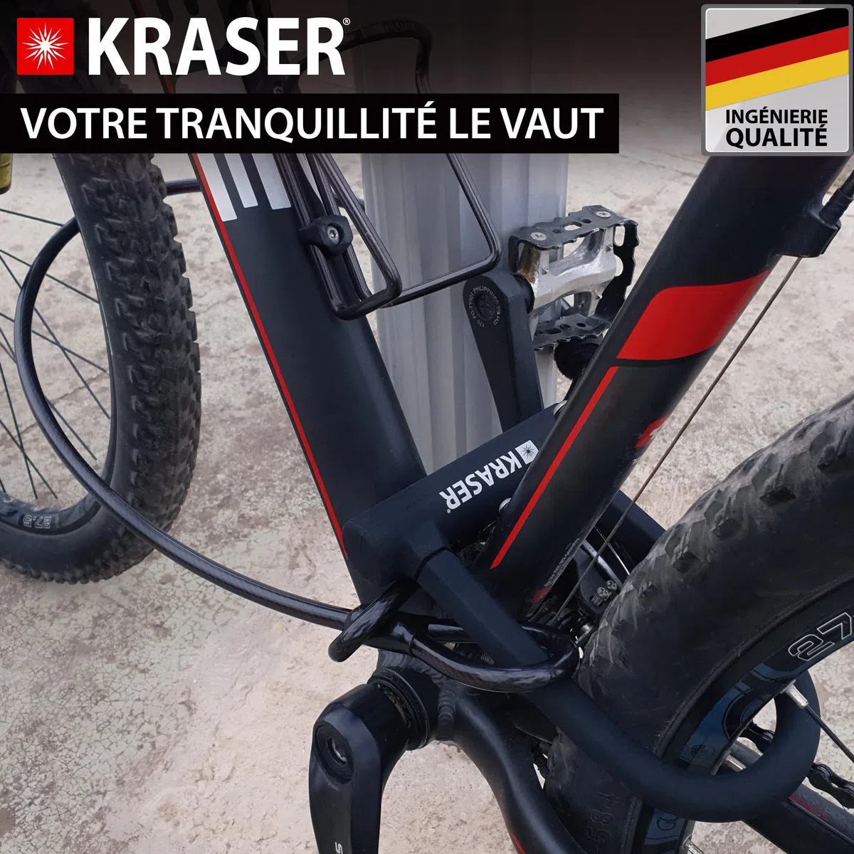 KRASER KR65145B Antivol Vélo, Robust U + Cable 120cm Plus Sûr et Pratique, Anse ø16 Acier Double Verrouillage, Support Transport Facile, Protection Silicone Anti-rayures, Universel pour Scooter Vélo