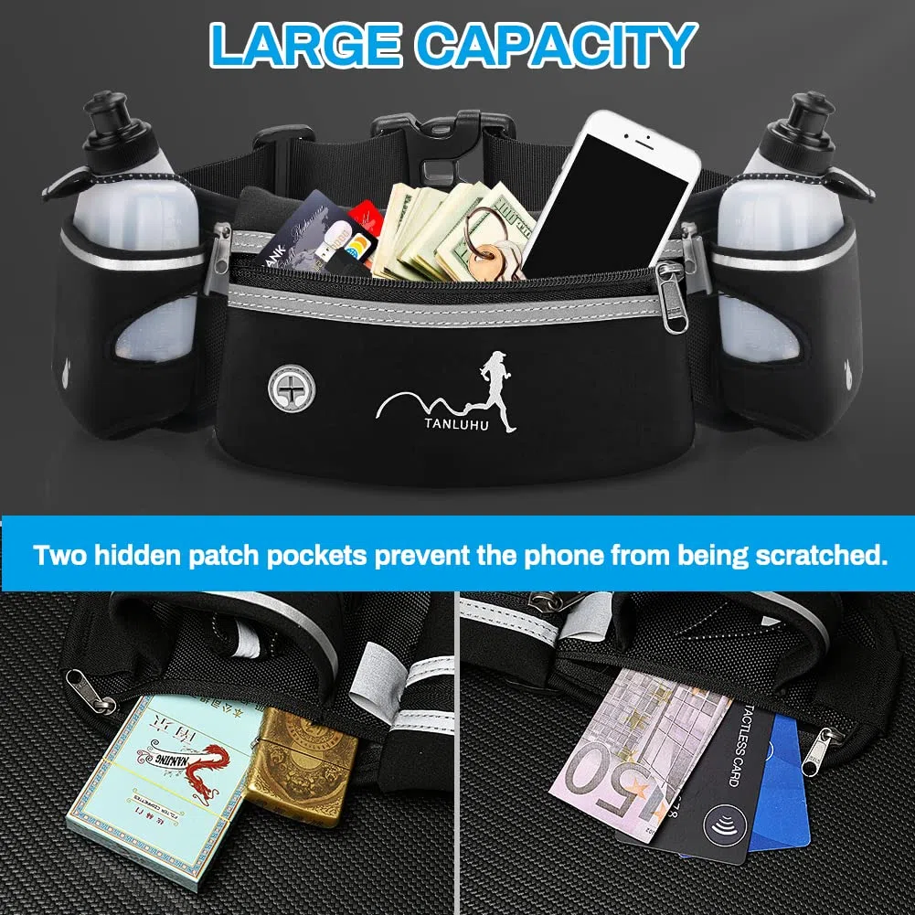 Ceinture de Course Running Belt Sac Banane de Sport Ceinture d'hydratation avec 2 gourdes Sac de Taille réfléchissant pour Smartphones, clés pour Marathon, l'entraînement, la randonnée (Noir)