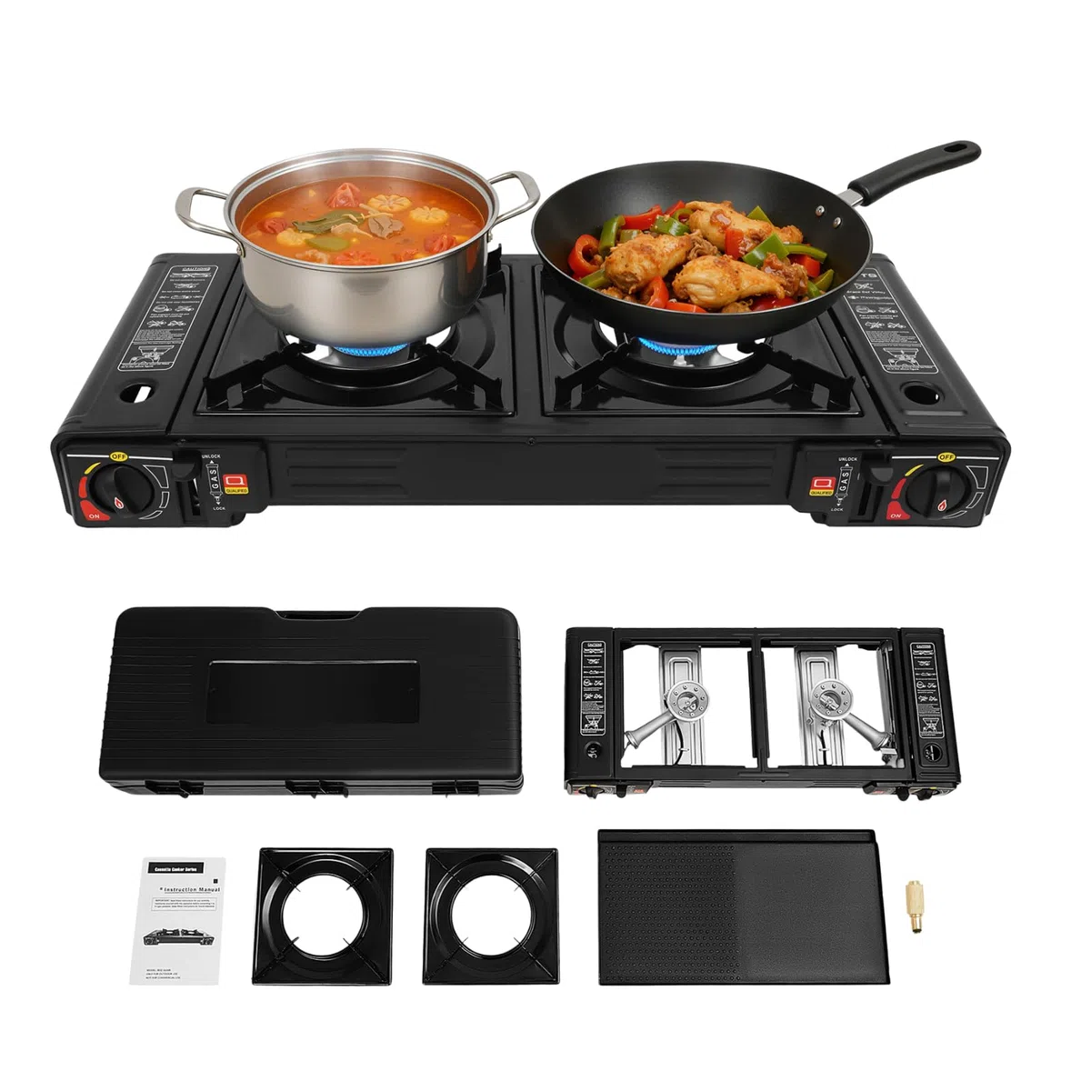 Réchaud Gaz 2 Feux Camping Gaz Portable Réchaud Camping Barbecue Gaz Camping 2500W Plaque Gaz 2 Feux Allumage Piézo Valve Surpression（64 x 27,8 x 8 cm）