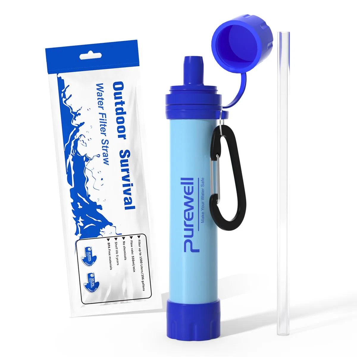 Purewell Paille Filtrante à Eau Survival - Filtre Portable 0.01 Micron Élimine 99.99% Bactéries - Avec Mousqueton - Pour Randonnée Camping Urgence - Durée de Vie 1500L Sans BPA
